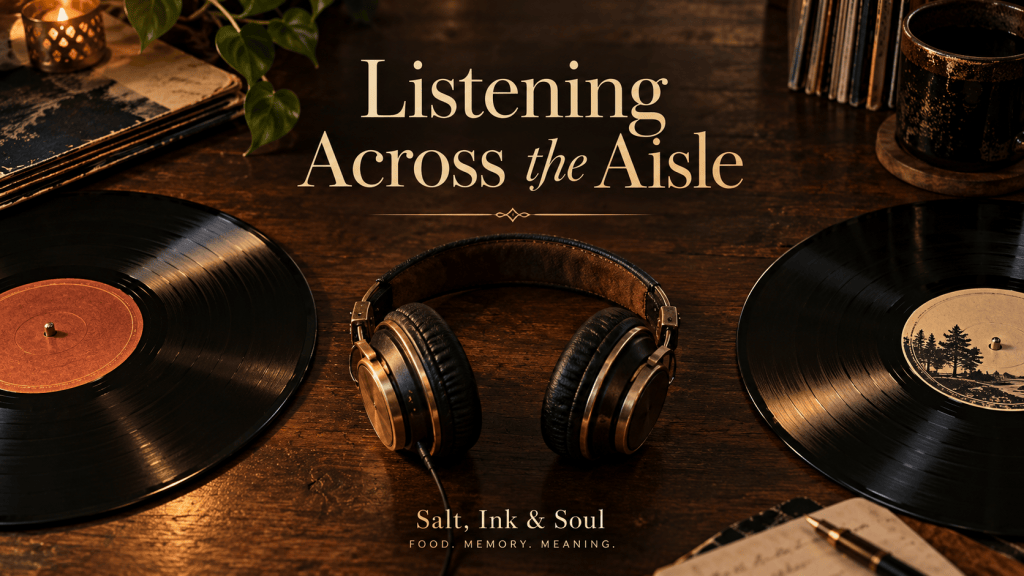 AĀ pairĀ ofĀ headphonesĀ restingĀ betweenĀ vinylĀ recordsĀ onĀ aĀ warmlyĀ litĀ woodenĀ table,Ā symbolizingĀ differentĀ musicalĀ traditionsĀ andĀ aĀ sharedĀ willingnessĀ toĀ listen