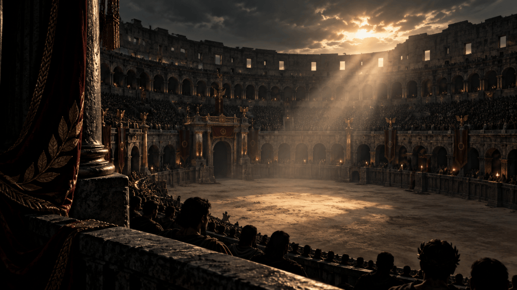 A darkened Roman Colosseum viewed from the spectators' seats, with golden light illuminating the arena.