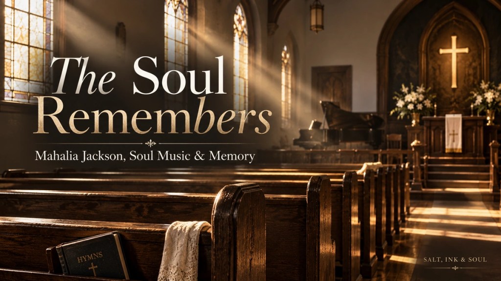 A softly illuminated church interior representing the history, faith, family memories, and cultural inheritance of Black American soul and gospel music.